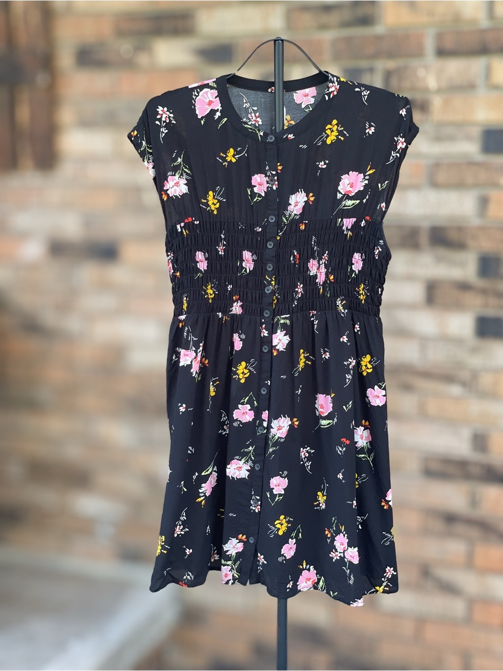 Free People L Black Floral Button Front Smocked Waist Mini Dress